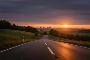 Sunset over a winding road leading to a cityscape in the distance