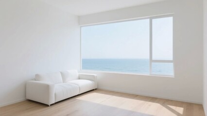 Bright and airy living room with a large window overlooking the sea