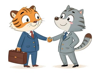 Fox and tiger business characters in formal attire with briefcases shaking hands, cartoon design isolated on white.