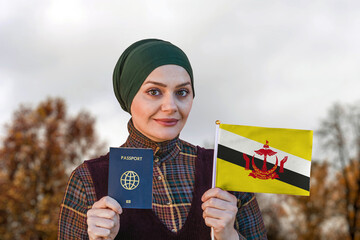 Muslim Woman Holding Passport and Flag of Brunei
