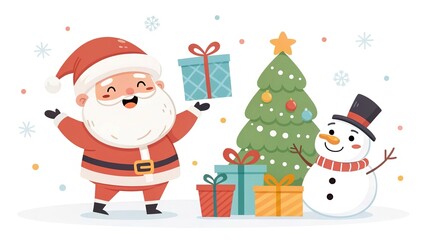 Christmas flat vector cartoon featuring Santa Claus, snowman, and holiday decorations, isolated on white background.