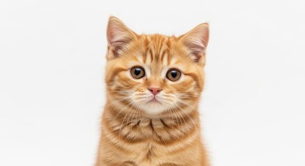 Obraz premium Adorable ginger tabby kitten with big, expressive eyes looking directly at the camera against a clean white background. Cute and charming pet portr...