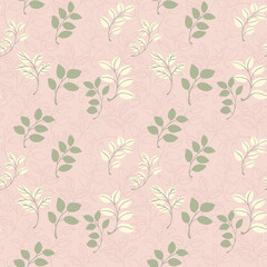 Elegant seamless vector pattern with pastel green and cream foliage on a soft pink background. Designs for textiles, packaging, wallpapers, wedding decor,