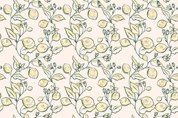 Seamless vector pattern featuring hand drawn lemon branches with fresh yellow fruits, green leaves, and delicate flowers. Summer themed designs for textiles, wallpapers, packaging