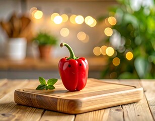 Red pepper on wooden cutting board in kitchen