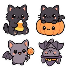 Cute Cat and Bat Buddy Characters in Kawaii Halloween Style