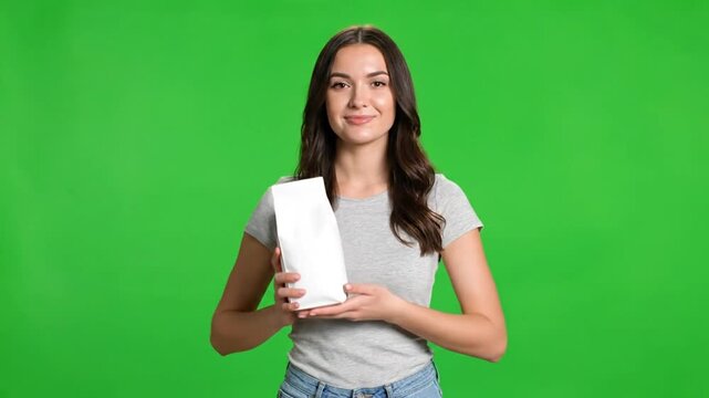 Young woman holding plain white coffee packaging mockup on green screen
