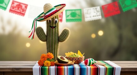 Cactus in sombrero, Mexican fiesta, festive table setting.