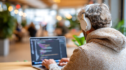 Person With Curly Hair Works on a Laptop in a Lively Cafe While Listening to Music