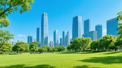 Fototapeta premium Urban skyline with modern skyscrapers behind a lush green park on a clear sunny day
