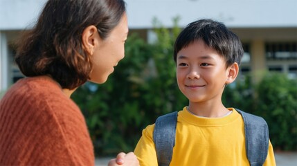 A young boy greeting an adult female outdoors during daylight hours.
