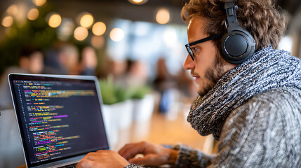 Young Man Coding on a Laptop in a Bright Cafe While Listening to Music With Headphones