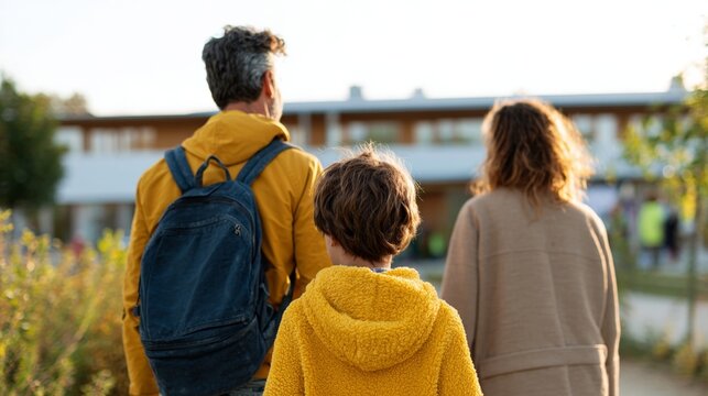 A family of three walking together outdoors during daytime.