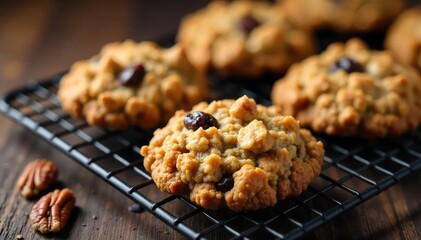 Warm, gooey oatmeal cookies fresh from the oven, studded with raisins and pecans, cooling on a wire rack Perfect for autumn or a cozy afternoon treat , delicious, cookies, baked