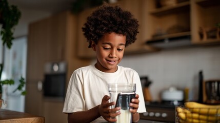 A young boy holding a blender filled with milk.