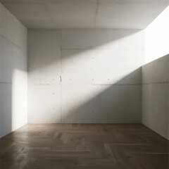 Sparse and bright empty room with concrete walls and wooden floor
