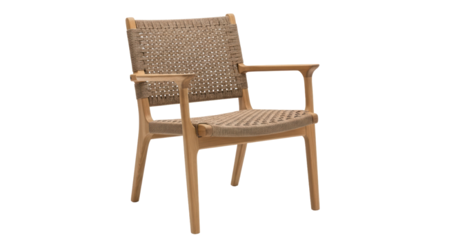 Isolated woven-seat armchair with wood frame, contemporary indoor-outdoor furniture style