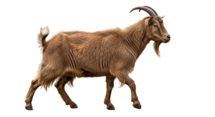 Isolated Goat walks forward, a bearded male animal with horns, brown in color, livestock