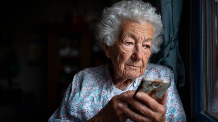 Older woman using cell phone indoors.