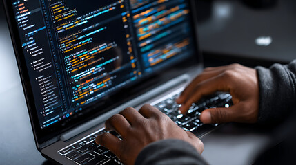 Programmer Writes Code on Laptop in a Modern Workspace During the Afternoon