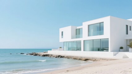 Obraz premium Modern white house with large glass windows situated on a sandy beach overlooking the ocean