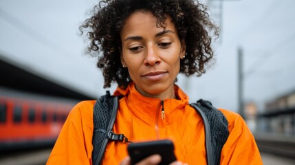 Woman using phone at train station.