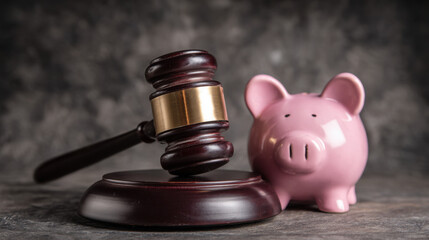 Wooden gavel resting on a round base alongside a pink piggy bank on a textured surface suggesting themes of finance, justice, and savings in a conceptual composition.