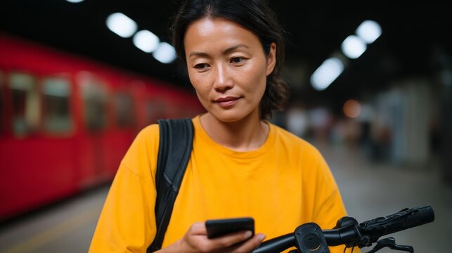 Asian woman using phone at subway station.