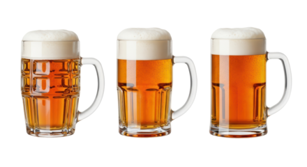 Isolated assortment of three freshly poured mugs of delicious frothy amber beer or lager