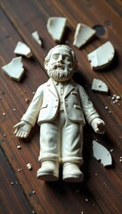 A shattered ceramic father figurine lies in pieces on a wooden surface, symbolizing family breakdown and emotional distress ,  family,  broken home