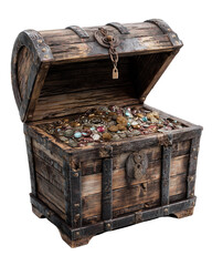 Pirate loot &mdash; open treasure chest filled with gold coins and gems, isolated