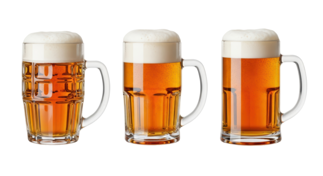 Isolated assortment of three freshly poured mugs of delicious frothy amber beer or lager