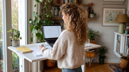 Woman working at desk with laptop.