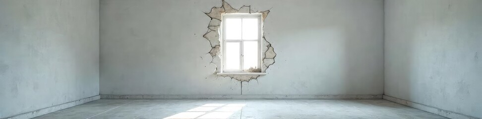 A single, broken window pane in an otherwise pristine, empty room, symbolizing isolated violence and destruction  The focus is on the damage and the silence of its aftermath ,  hurt,  window pane