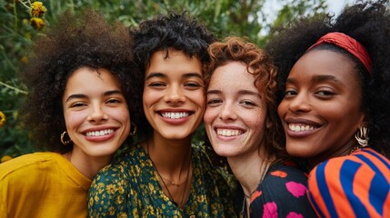 Obraz premium Three smiling women posing together outdoors during daytime.