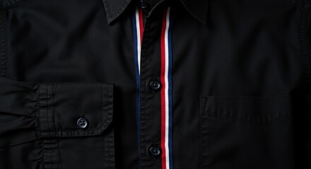 A close-up shot highlighting the intricate details of a black shirt adorned with a distinctive red, white, and blue stripe.