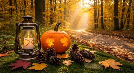 Autumn Forest Path with Pumpkin and Lantern.
