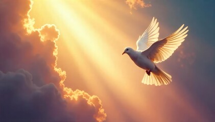 A single dove descends towards a radiant, ethereal light, symbolizing hope, peace, and spiritual release The image evokes feelings of divine grace and redemption , angel, grace, holy