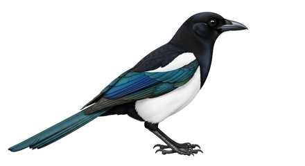 Isolated Eurasian magpie bird perched in profile position, nature illustration wildlife art