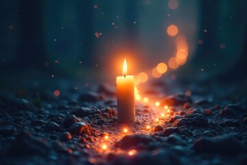 A single, flickering candle illuminates a path leading towards a radiant, ethereal light, symbolizing the journey to spiritual enlightenment and peace , sacred, spirit