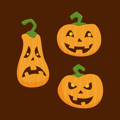 Scary jack-o'-lantern pumpkins with an evil smile are isolated vector illustrations for Halloween, fall, and autumn holiday celebration decorations