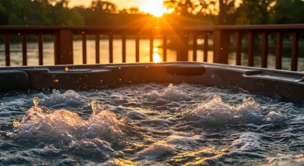 Sunset Hot Tub Relaxation by Lake with Bubbles and Golden Water Splash
