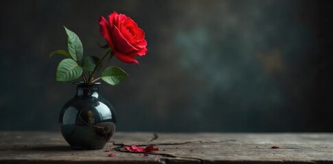 A single red rose wilts in a cracked vase, symbolizing the decay of a deceitful relationship; a poignant image of betrayal and lost affection ,  despair,  flower