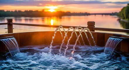 Sunset Hot Tub Relaxation by Lake with Bubbles and Golden Water Splash
