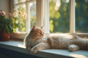 cozy cat lounging on windowsill basking in warm sunlight
