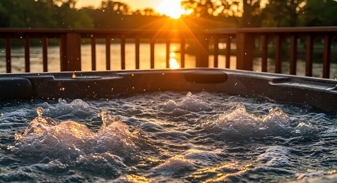 Sunset Hot Tub Relaxation by Lake with Bubbles and Golden Water Splash
