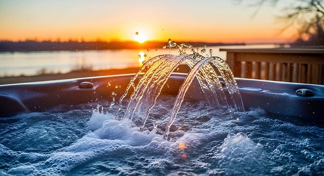 Sunset Hot Tub Relaxation by Lake with Bubbles and Golden Water Splash

