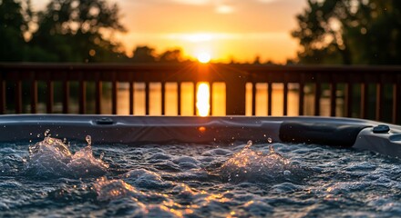 Sunset Hot Tub Relaxation by Lake with Bubbles and Golden Water Splash
