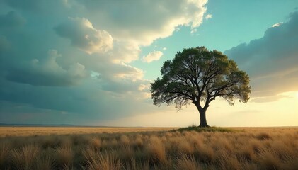 A single, solitary tree stands alone on a vast, empty plain under a dramatic sky The feeling is one of isolation and quiet resilience against the elements , nature, lonely, sunset