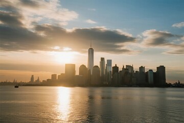 Obraz premium Sunset view of a modern city skyline with tall buildings